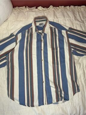 At Last Blue, White & Brown Vertical Stripe Button-Down Shirt